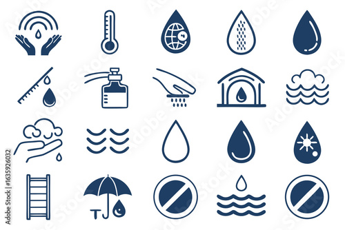 Water icon set. Containing drop, rain, tap, h2o, waterproof, glass of water, shower, drinking water and more. Solid vector icons collection.
