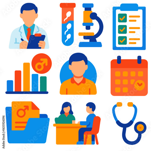 Clinical Fertility Icons. Flat vector icons of clinical fertility evaluation: doctor with clipboard, semen analysis lab icon,