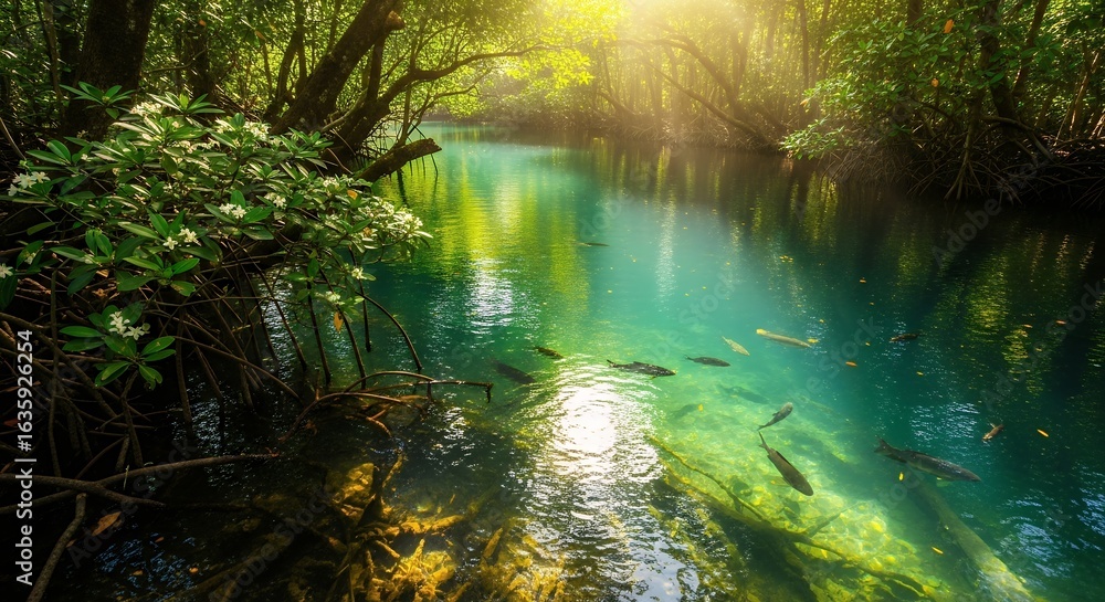 Obraz premium Serene Tropical River Scene with Sunlight Filtering Through Lush Green Forest Canopy and Clear Water Reflections