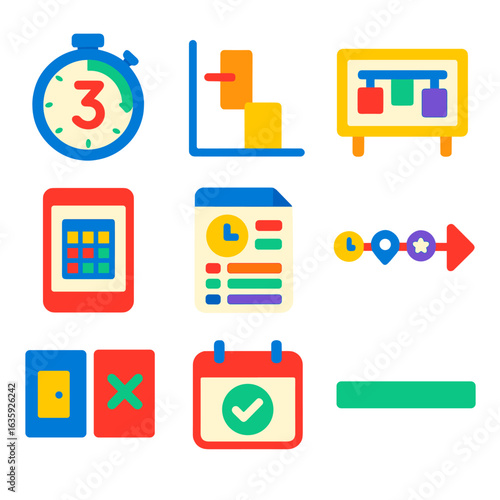 Event Logistics Icons. Flat vector icons of time-based event logistics: countdown clock icon, setup time chart, timeline board,