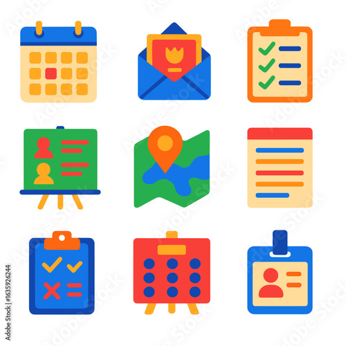 Event Planning Icons. Flat vector icons of event planning essentials: event calendar icon, invitation envelope, RSVP checklist,