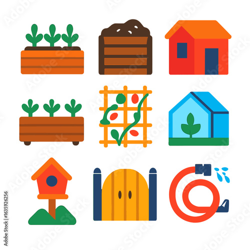 Garden Icon Set. Flat vector icons of outdoor garden setup: raised bed icon, compost bin, garden shed, wooden planter box, trellis