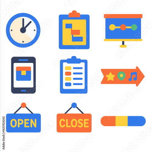 Event Logistics Icons. Flat vector icons of time-based event logistics: countdown clock icon, setup time chart, timeline board,