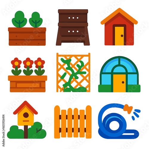 Garden Icon Set. Flat vector icons of outdoor garden setup: raised bed icon, compost bin, garden shed, wooden planter box, trellis