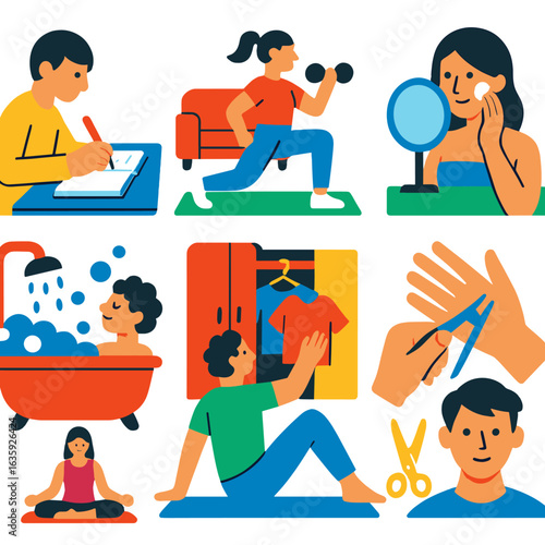 Home Self-Care Icons. Flat vector icons of personal tasks and self-care at home: journaling on desk, doing home workout, skincare