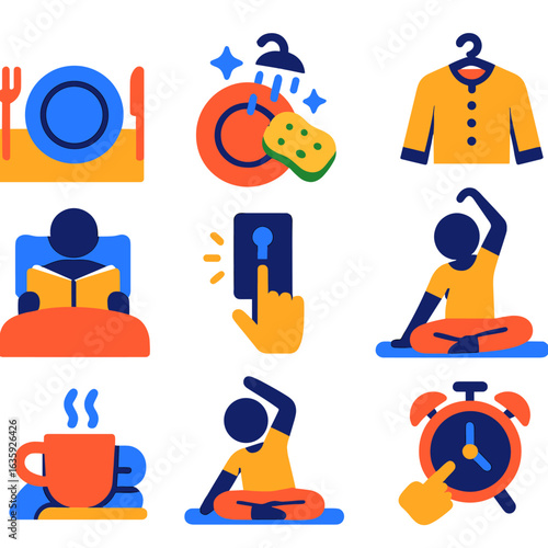 Evening Routine Icons. Flat vector icons of evening home routine: dinner table setup, cleaning dishes icon, taking a shower,