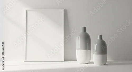 Minimalist art setup blank frame, matching vases in soft light