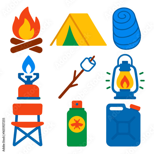 Camping Essentials Icons. Flat vector icons of camping essentials: campfire with logs, pitched tent icon, sleeping bag rolled up,
