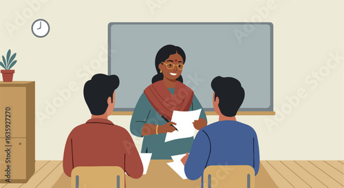 An educator interacting with students; papers are on the table by a chalkboard