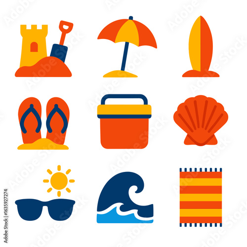 Beachside Icon Set. Flat vector icons of beachside adventures: sandcastle with shovel, beach umbrella icon, surfboard on shore,