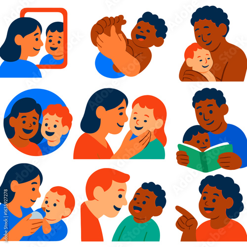 Bonding Moments Icons. Flat vector icons of bonding moments during care: looking in mirror together, playing with feet,