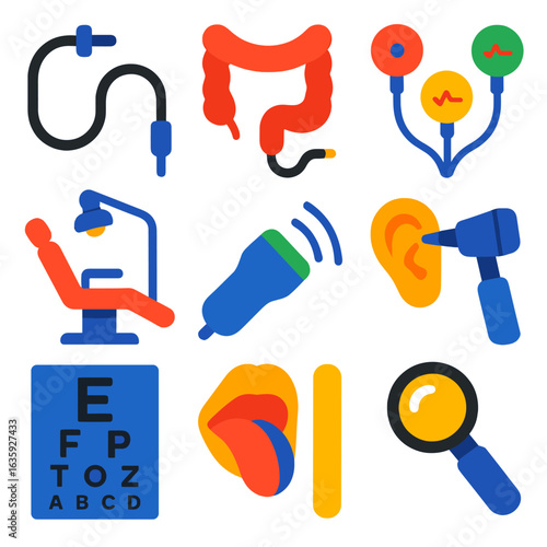 Colorful Medical Procedure Icons. Flat vector icons of specialist medical procedures: endoscope camera icon, colonoscopy tool, ECG