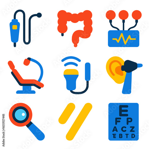Colorful Medical Procedure Icons. Flat vector icons of specialist medical procedures: endoscope camera icon, colonoscopy tool, ECG
