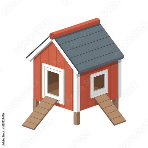 Isometric illustration of a charming red chicken coop with two ramps, perfect for backyard farming and poultry themes.
