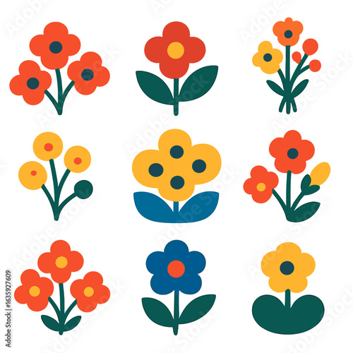 Vibrant Floral Icons. Flat vector icons of floral silhouette clusters: triple flower group, paired bloom with leaves, small