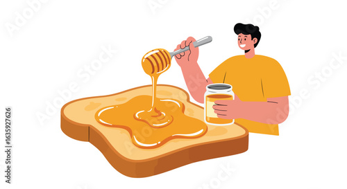 Person spreading honey on toast with a dipper and jar, enjoying breakfast