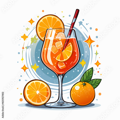 Stylish Vector Illustration of an Aperol Spritz Cocktail Against a Clean White Background, Ideal for Summer Gatherings and Refreshing Experiences