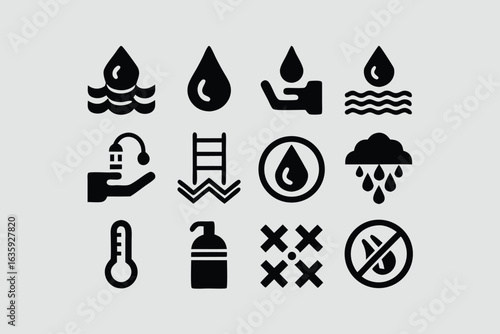 Water icon set. Containing drop, rain, tap, h2o, waterproof, glass of water, shower, drinking water and more. Solid vector icons collection.
