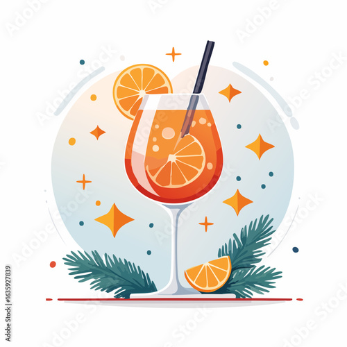 Stylish Vector Illustration of an Aperol Spritz Cocktail Set Against a Soft Gray Background with Decorative Pine Branches, Ideal for Seasonal Drinks and Celebrations