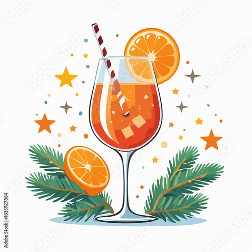 Vibrant Vector Illustration of an Aperol Spritz Cocktail Surrounded by Fresh Green Pine Branches on a Clean White Background, Perfect for Holiday Themes and Seasonal Celebrations
