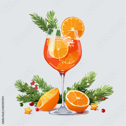 Stylish Vector Illustration of an Aperol Spritz Cocktail Set Against a Soft Gray Background with Decorative Pine Branches, Ideal for Seasonal Drinks and Celebrations