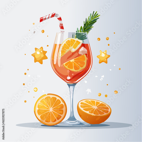 Stylish Vector Illustration of an Aperol Spritz Cocktail Set Against a Soft Gray Background with Decorative Pine Branches, Ideal for Seasonal Drinks and Celebrations