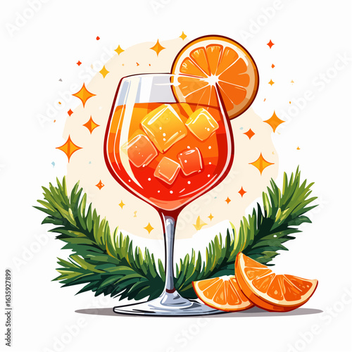 Vibrant Vector Illustration of an Aperol Spritz Cocktail Surrounded by Fresh Green Pine Branches on a Clean White Background, Perfect for Holiday Themes and Seasonal Celebrations