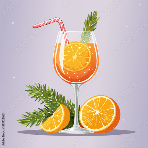 Playful Vector Illustration of an Aperol Spritz Cocktail Set Against a Vibrant Purple Background, Perfect for Stylish Gatherings and Delightful Refreshment