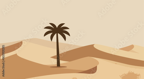 Desert landscape with sand dunes and a solitary palm tree under a neutral sky