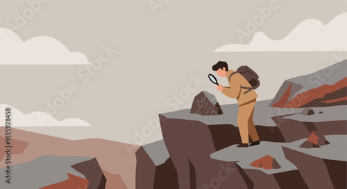 Hiker with backpack using magnifying glass examines a rock formation atop a cliff