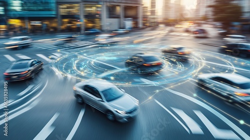 Urban intersection, cars, futuristic interface.  Motion blur highlights vehicles navigating a busy city intersection.  A digital overlay shows directional guidance