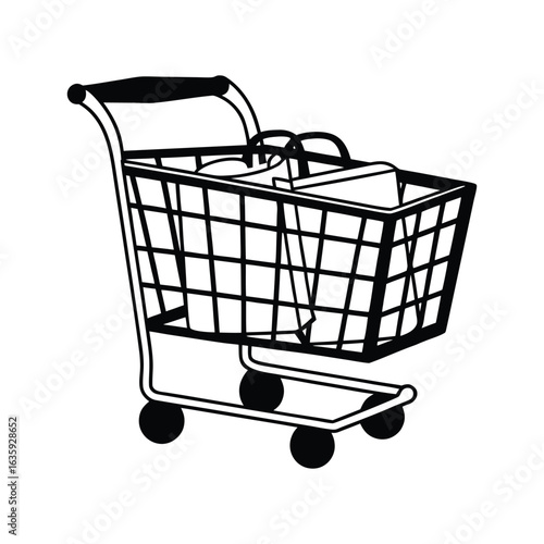 Black and white icon of a shopping cart filled with bags. Vector illustration for retail, grocery, and e-commerce themes. Isolated on white background.
