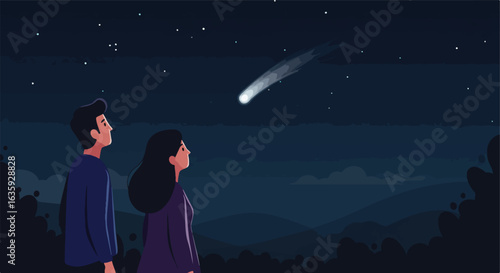 Couple watches a night sky with a bright comet. Dark, starry atmosphere