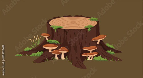 Illustration of a cut tree with fungi around it on a brown background