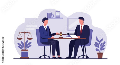 Legal office interior view, two people in suits with gavel, scales, & papers