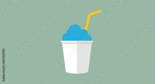 Blue ice in a white cup with a yellow straw set against a green backdrop