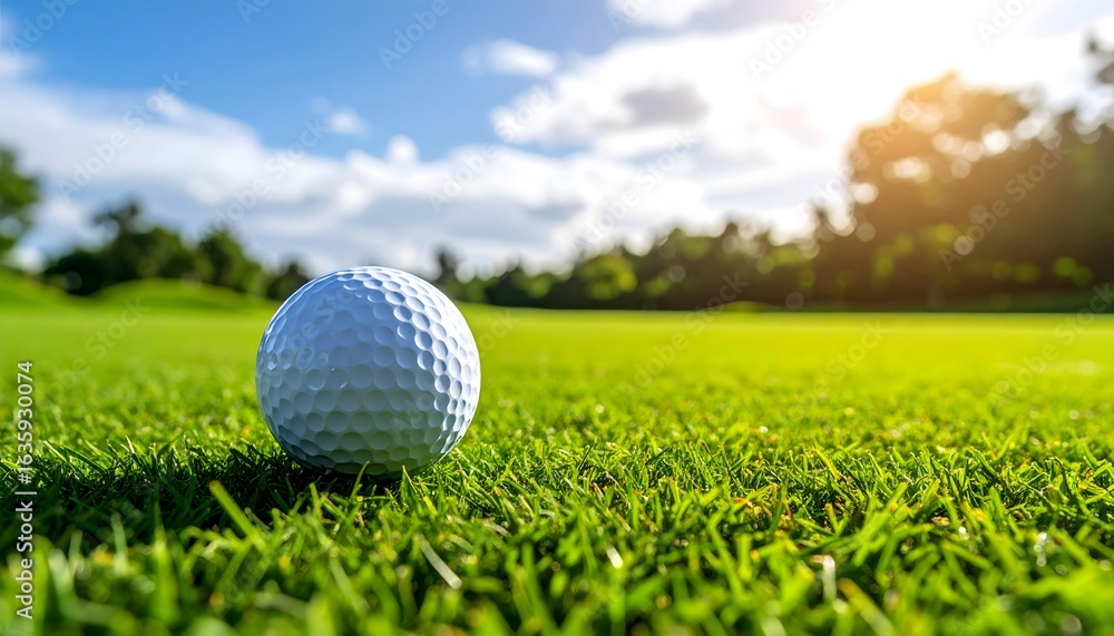 A white golf ball sits on the lush green grass of a beautiful course under a bright blue sky with sunshine. A white golf ball sits on the lush green grass of a beautiful course under a bright blue sky with sunshine.