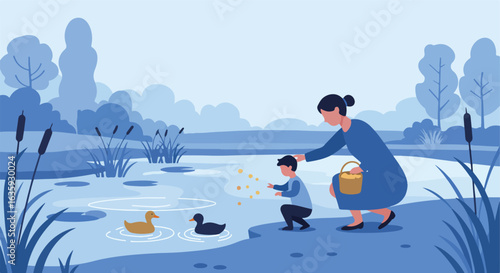 Lake with mom and child feeding ducks. Pond, nature illustration in blue shades