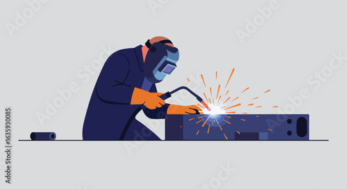 Welding Welder in mask and gloves welds metal with sparks flying, on a grey background