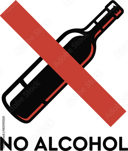 A bold, simple graphic of a wine bottle crossed out with a red line, clearly signifying a no alcohol policy.