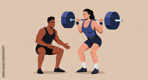 Woman squats with weightlifting bar, trainer guides with squat assist spot