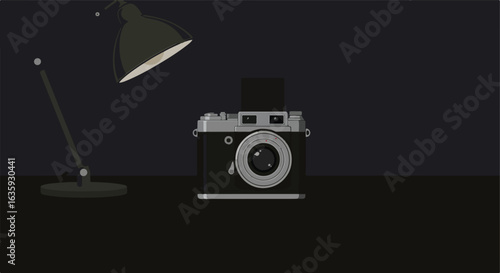 Old camera, retro lamp on desk. Black background. Simple illustration style