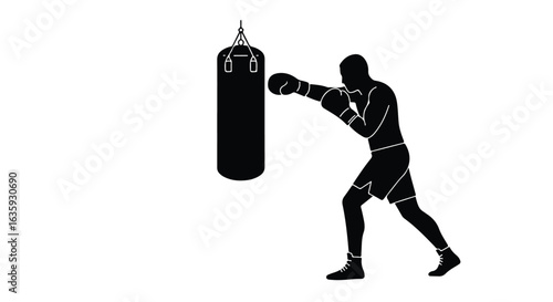 A boxer trains. He punches a hanging bag with his boxing gloves. Black and white