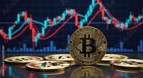 Bitcoin cryptocurrency coins with a stock market graph in the background, representing the volatility and potential of digital finance and investment