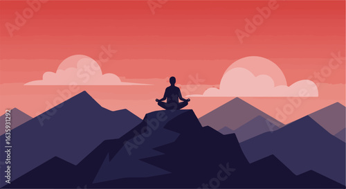 Serene silhouette in lotus position atop mountain with rose sky and cloudscape