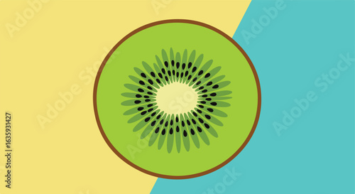 Sliced kiwi fruit shows seeds. Yellow & blue background. Modern flat design