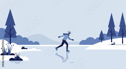Skating on frozen lake with snow hills and pine trees in cold winter scenery