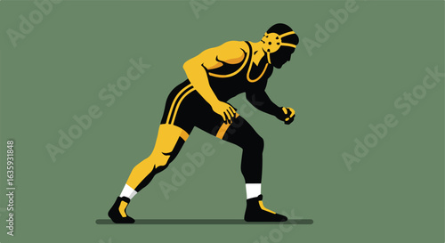 Wrestler poised and ready, in gear against a simple green background