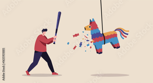 Festive donkey piñata hit by a man, candy falls out against a beige background