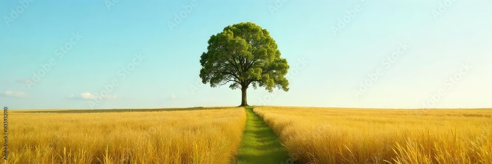 Fototapeta premium Serene Solitude A Perfectly Symmetrical Tree Stands Alone in a Vast, Pristine Field Under a Clear Blue Sky, Evoking Peace and Tranquility.